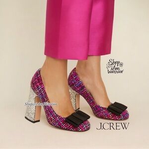 J.Crew magenta mixed tweed glitter block heels with ribbon toe bow